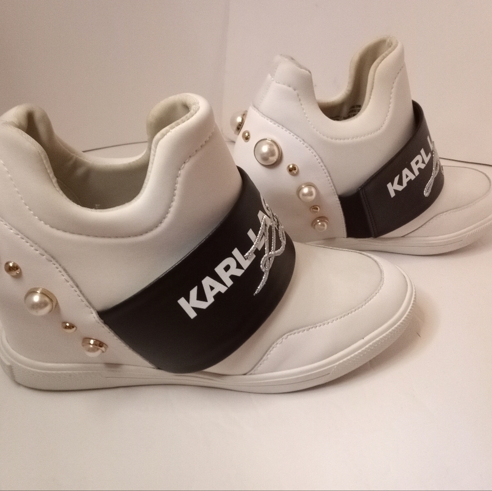 Karl lagerfeld Paris Charsi Women’s 8.5 White Pearl High Heel Sneakers SF - Picture 2 of 13